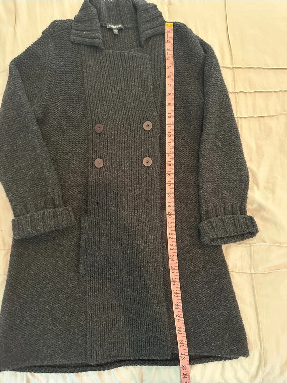 Eileen Fisher Charcoal Ribbed 100% Wool Cardigan Size S